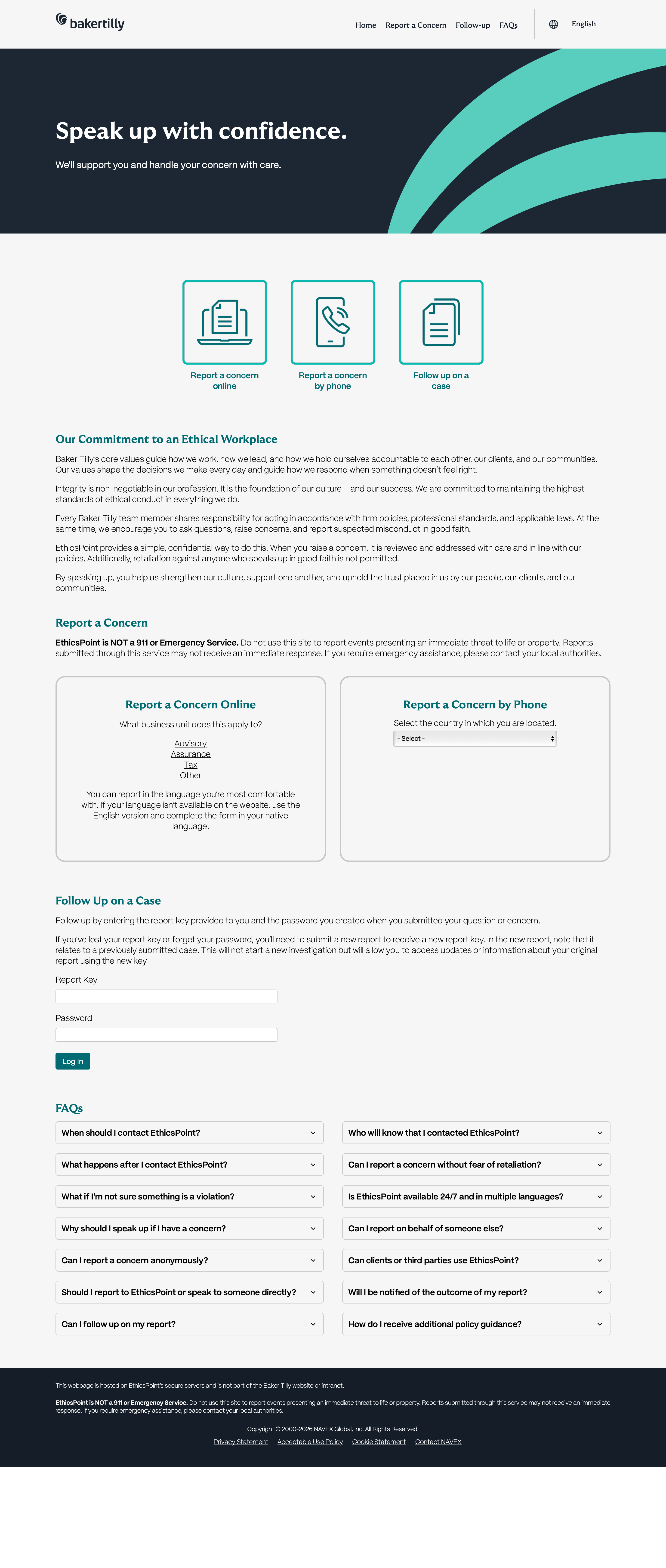 Baker Tilly EthicsPoint reporting website