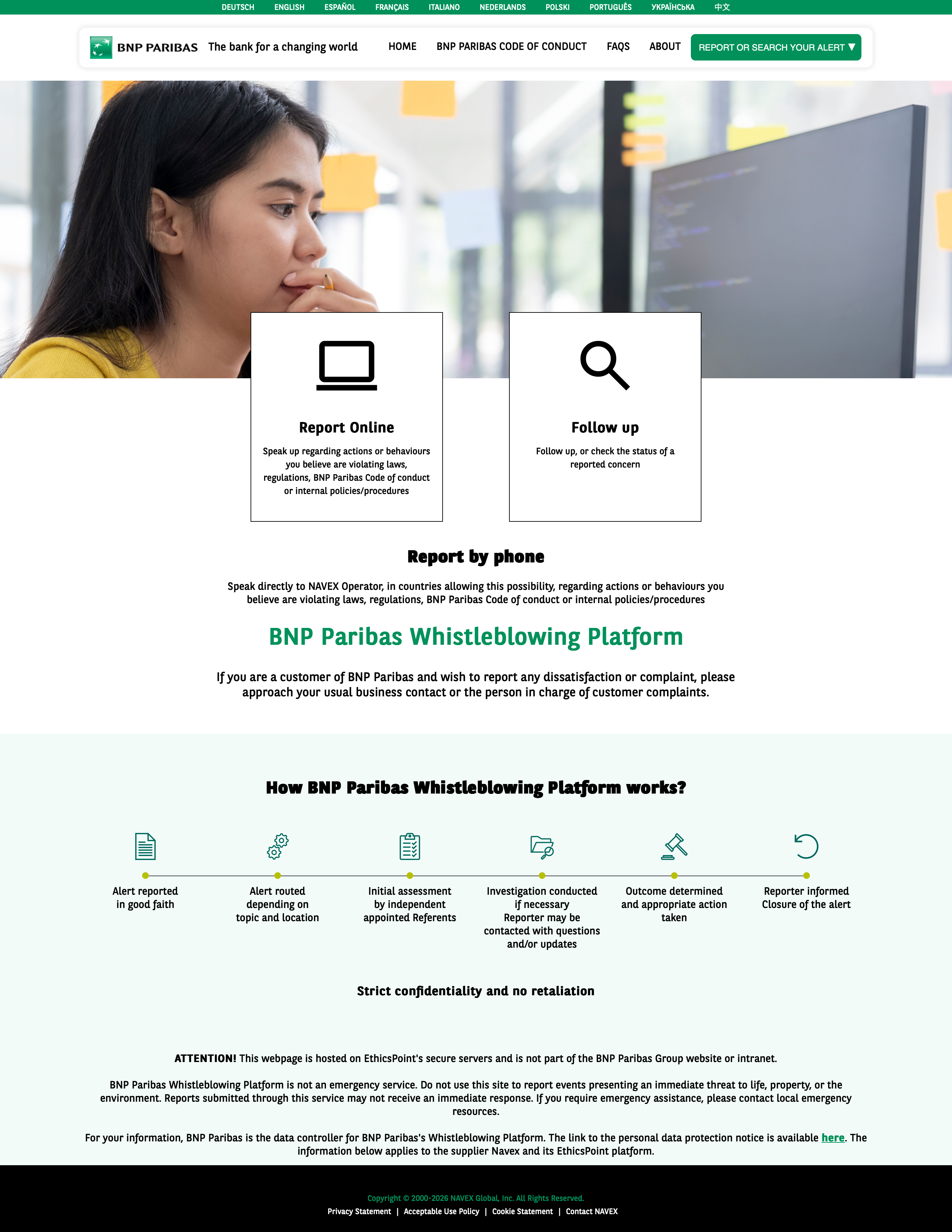 BNP EthicsPoint reporting website