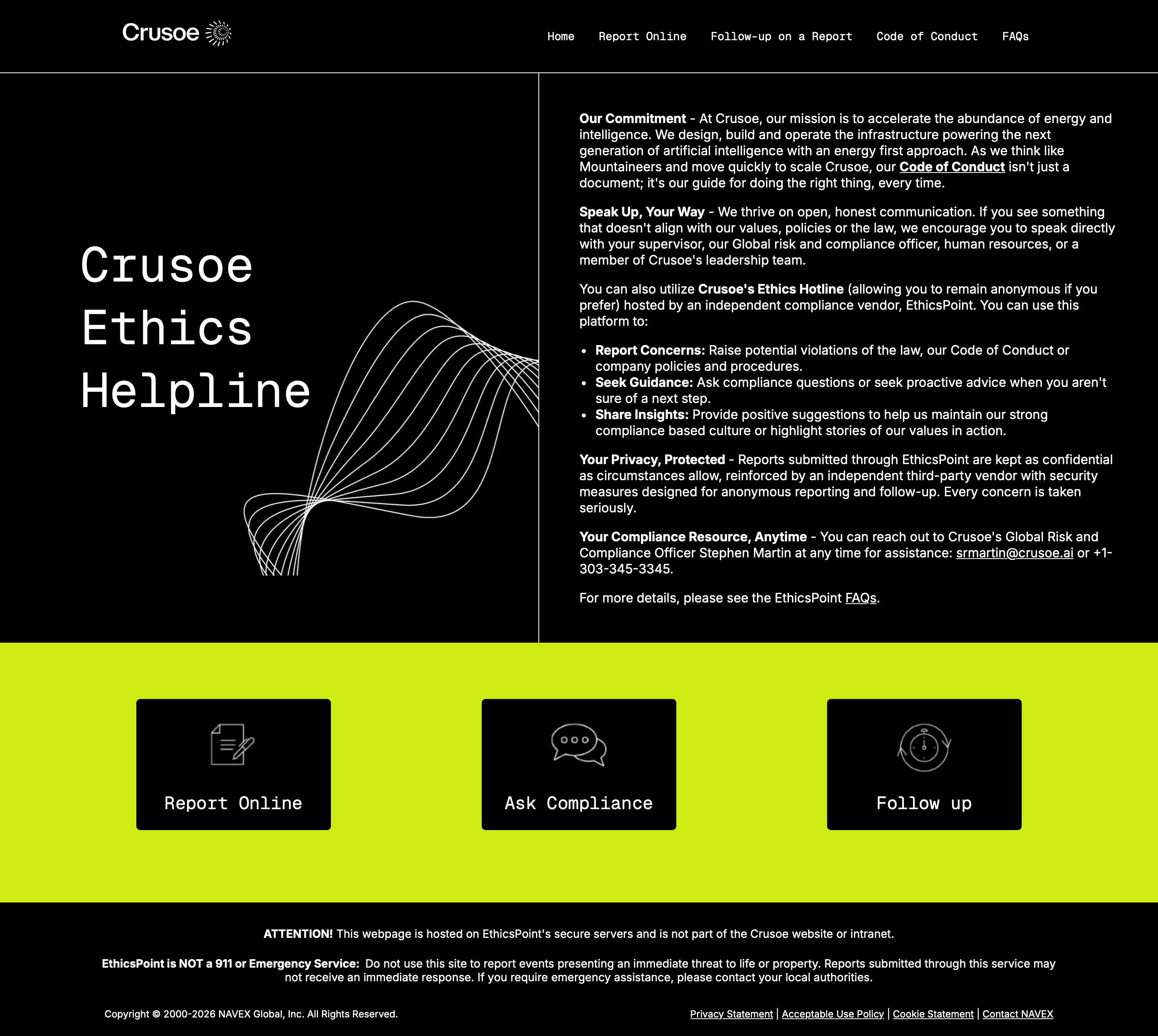 Crusoe EthicsPoint reporting website