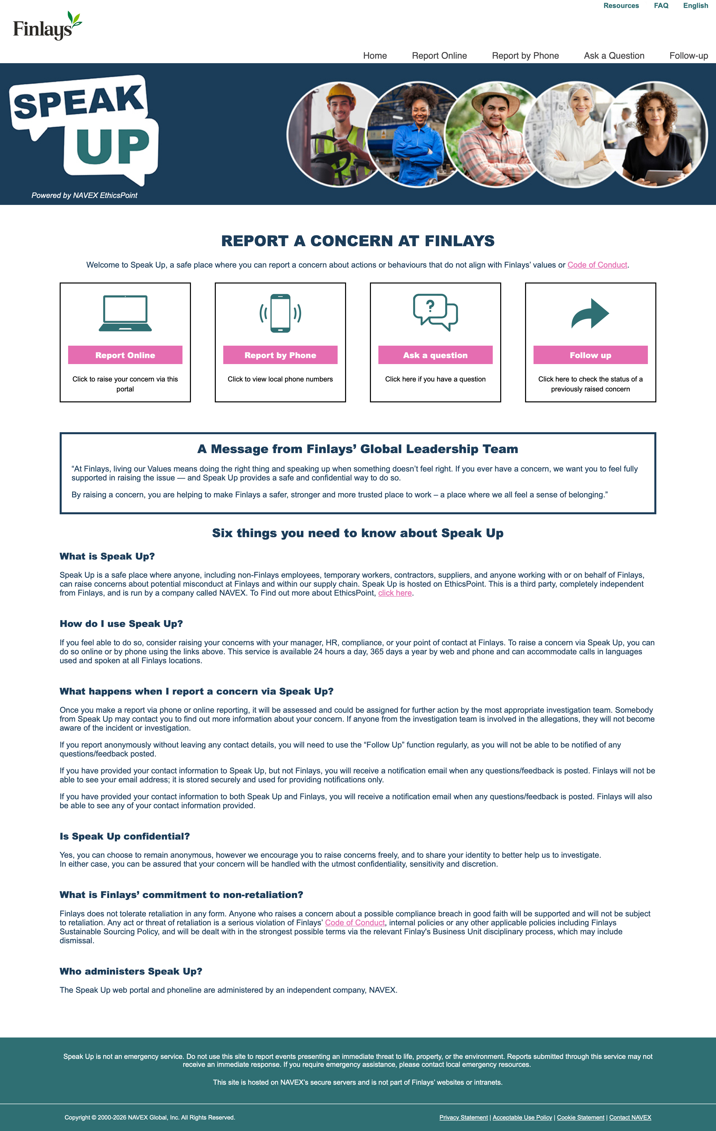 Finlays EthicsPoint reporting website