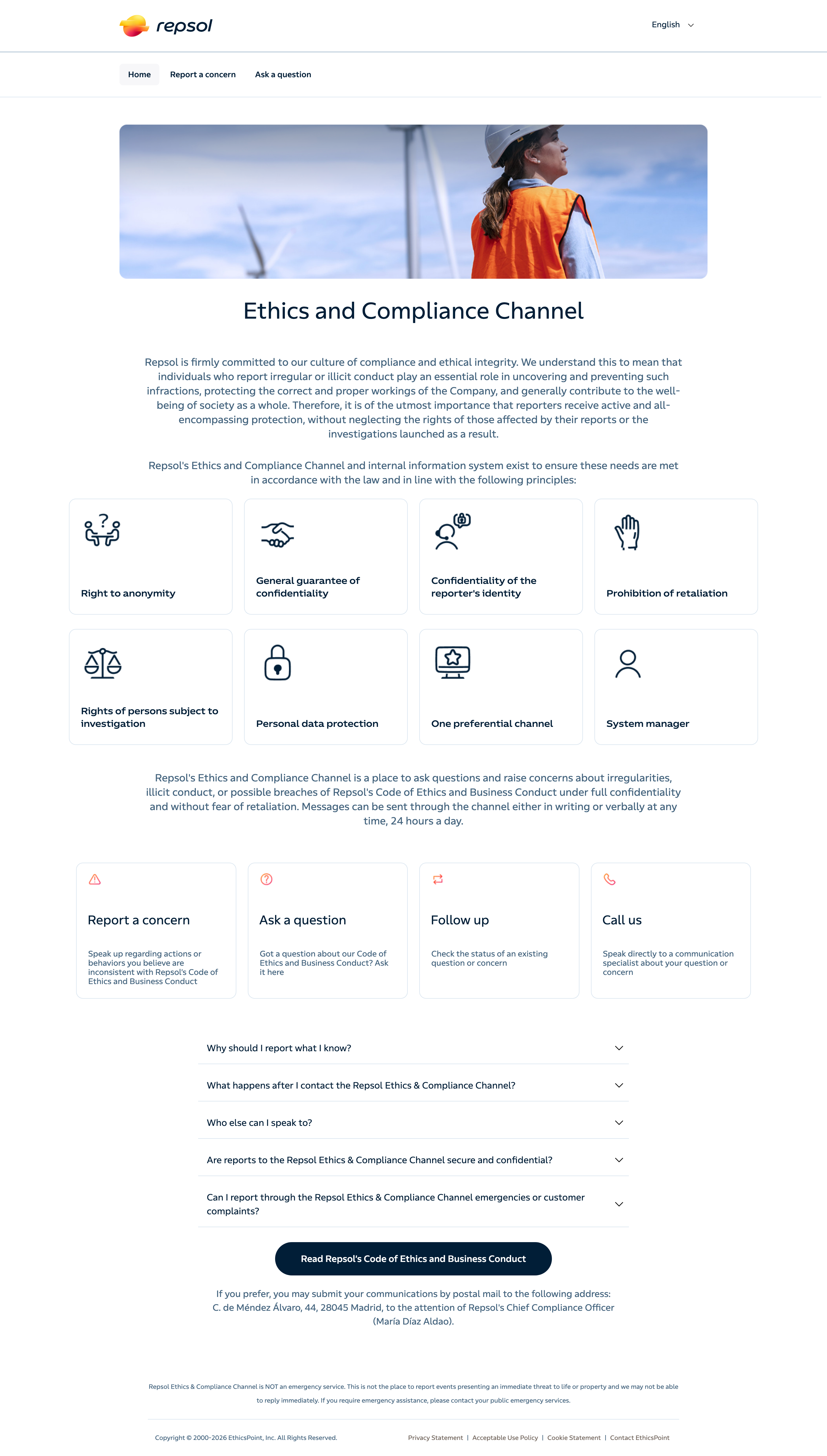 Repsol EthicsPoint reporting website