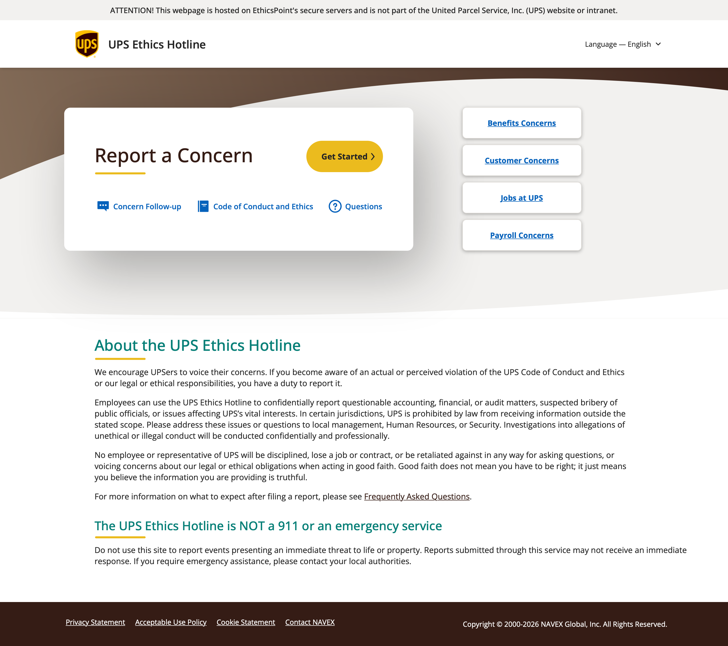 UPS EthicsPoint reporting website